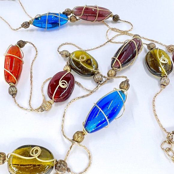 NWOT - Stunning Wire Wrapped Glass Bead Gold Tone Single Strand 58” Necklace - Picture 5 of 7